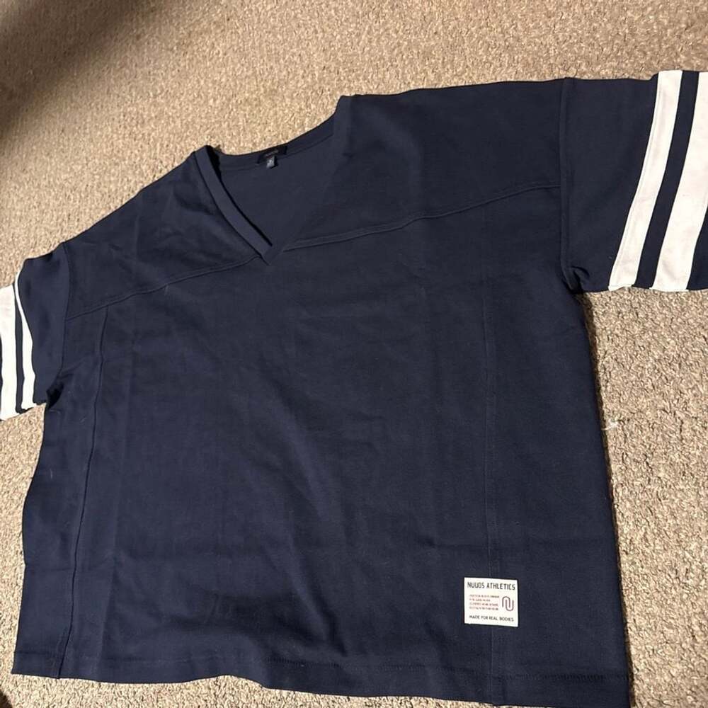 nuuds Touchdown Tee Navy V-Neck Football Jersey Top Size XL